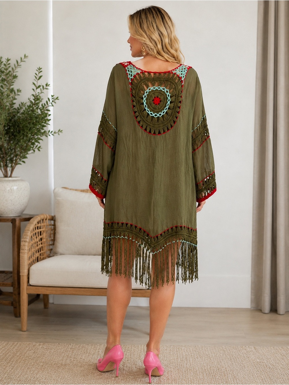 WOWO Bohemian Olive Green Fringe Tunic with Crochet Accents - Picture 2 of 9